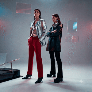 Top 2026 fashion trends featuring chrome metallic outerwear, crimson tailored suit, oversized leather jacket, and sculptural accessories on runway models.