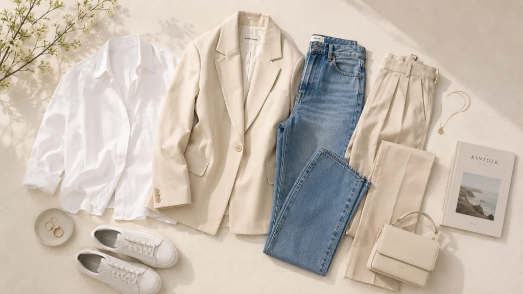 Minimalist spring outfits flat lay for women 2025 featuring neutral wardrobe essentials like white shirt, beige blazer, jeans, sneakers, and simple accessories on a soft beige background.
