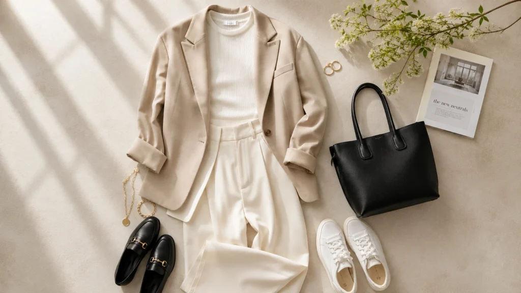 Stylish spring work outfits for women featuring casual office fashion with beige blazer, cream trousers, and minimalist accessories.