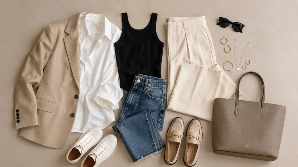 Casual chic women’s fashion flat lay for 2025 featuring neutral wardrobe essentials, oversized blazer, straight-leg jeans, white sneakers, and minimalist accessories