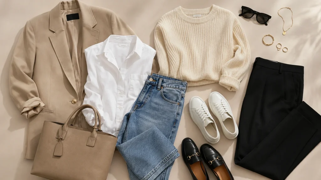 Casual fashion flat lay for women over 30 featuring neutral wardrobe essentials, oversized blazer, straight-leg jeans, loafers, sneakers, and minimalist accessories on a beige background.