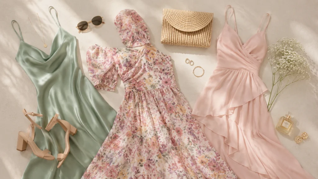 Summer wedding guest outfit flat lay for women featuring pastel dresses, block heels, woven clutch, and elegant accessories styled for warm-weather weddings in 2026.