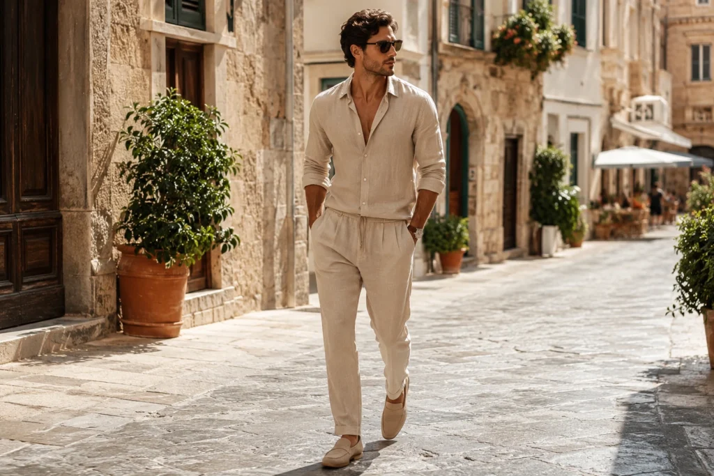 Stylish man wearing a beige linen shirt and relaxed linen trousers walking through a sunny European-style street during summer 2026.