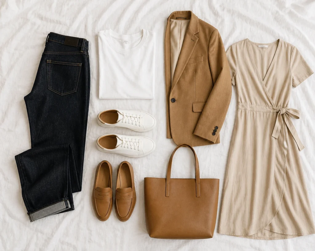 Flat lay of capsule wardrobe essentials: dark jeans, white tee, camel blazer, midi dress, sneakers, and neutral tote on white linen.
