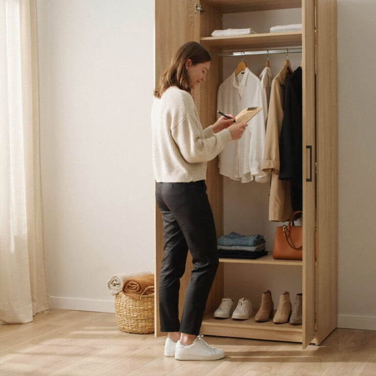 Capsule wardrobe with essential clothing pieces neatly organized in a modern closet