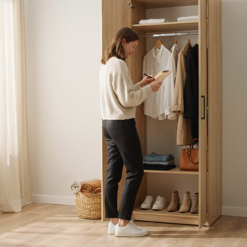 Capsule wardrobe with essential clothing pieces neatly organized in a modern closet