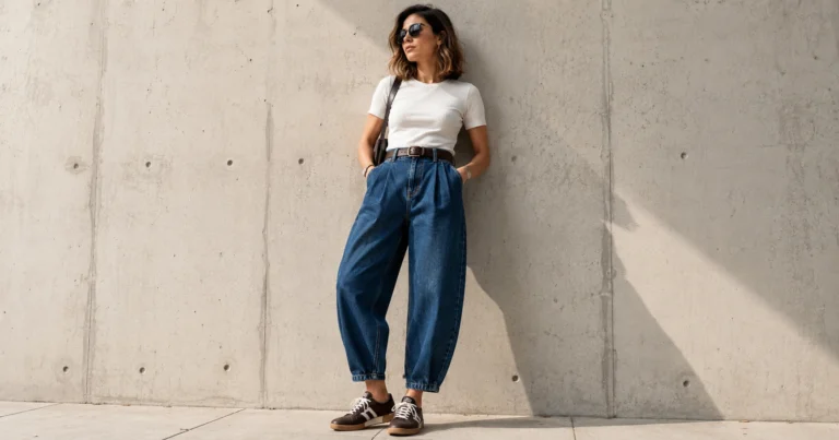 Woman wearing high waisted blue barrel leg pants styled with white sneakers